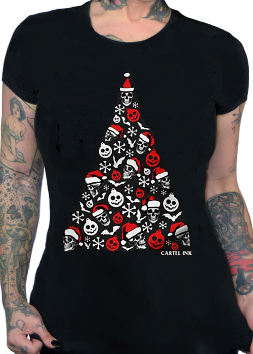 dead Christmas skulls and Santa hats Christmas holiday tee by cartel ink for pinky star