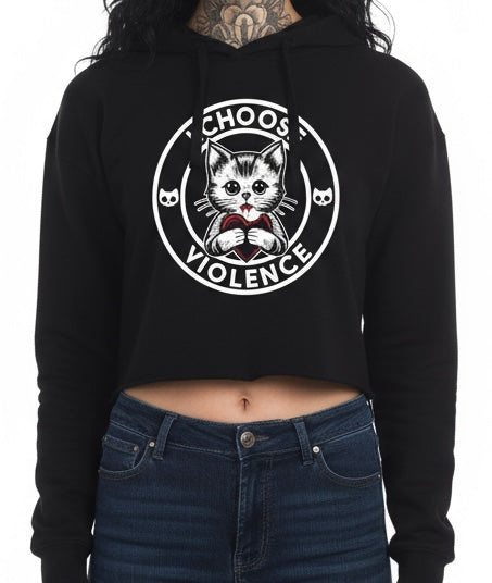 I choose violence black cropped pullover hoodie for cat lovers by pinky star